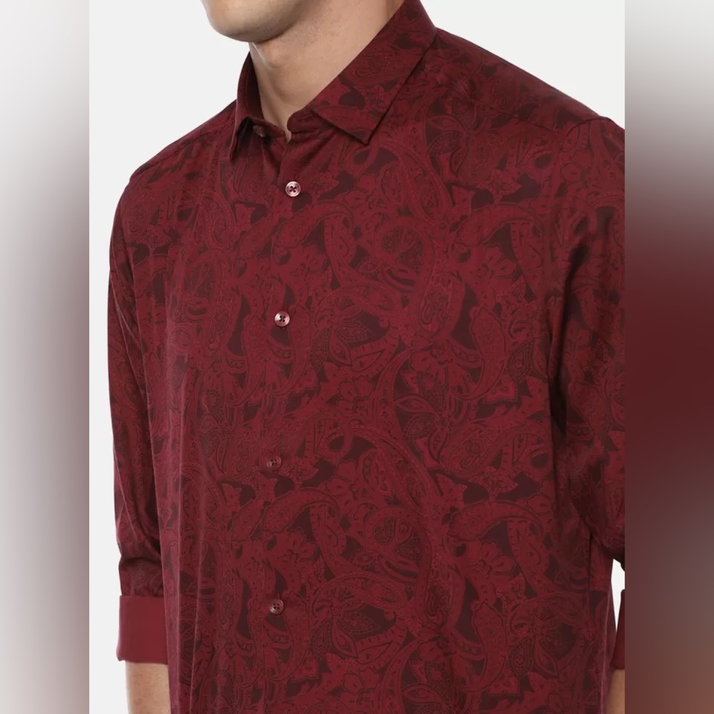 Louis Philippe Maroon Regular Fit Printed Cotton Shirt